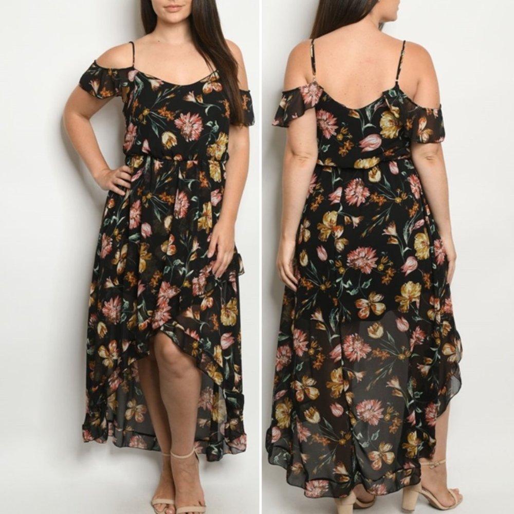 Trend Setter Diva Boutique Black Floral High-Low Cold Shoulder Dress